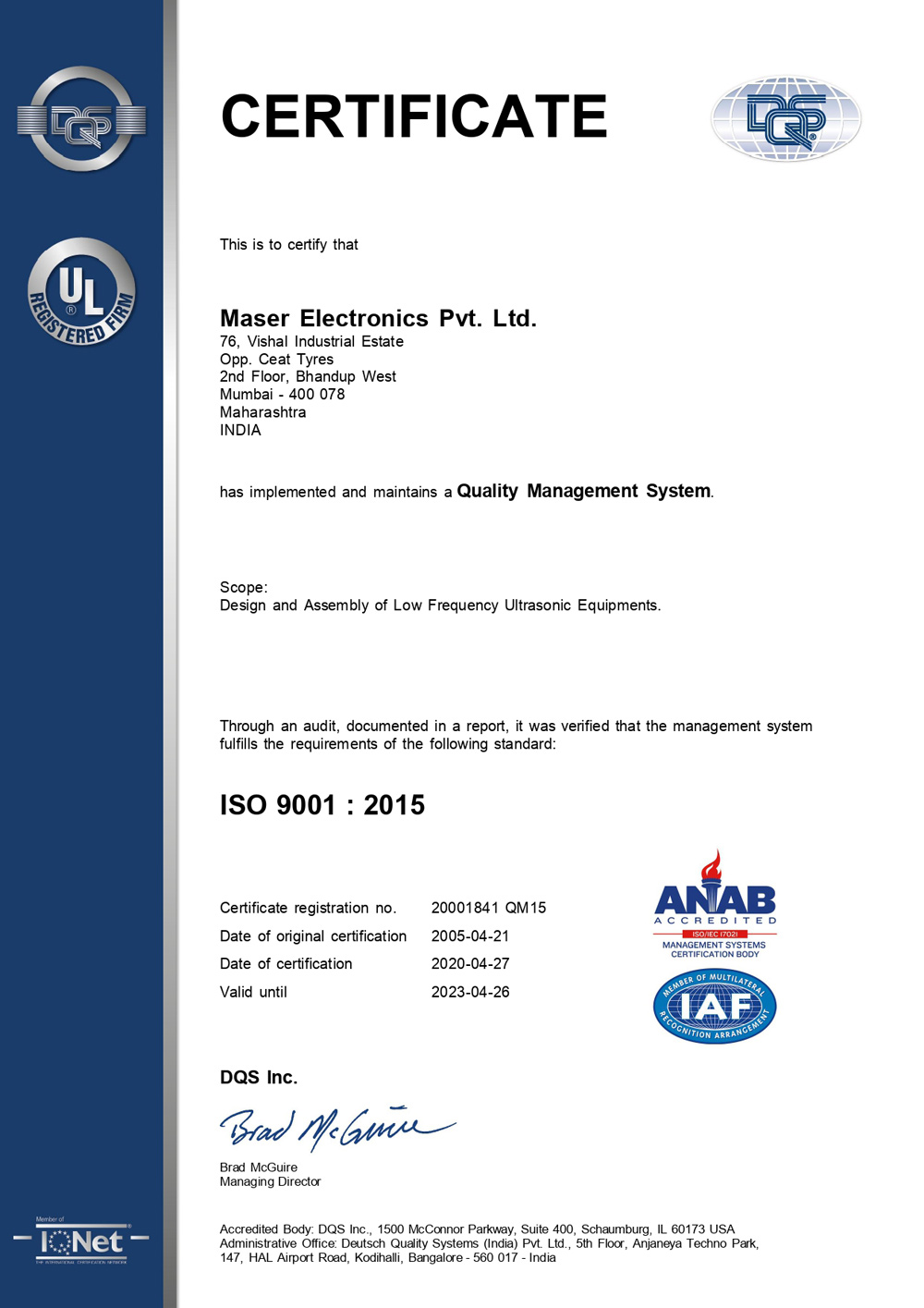 Certifications Superior Quality Products Maser India